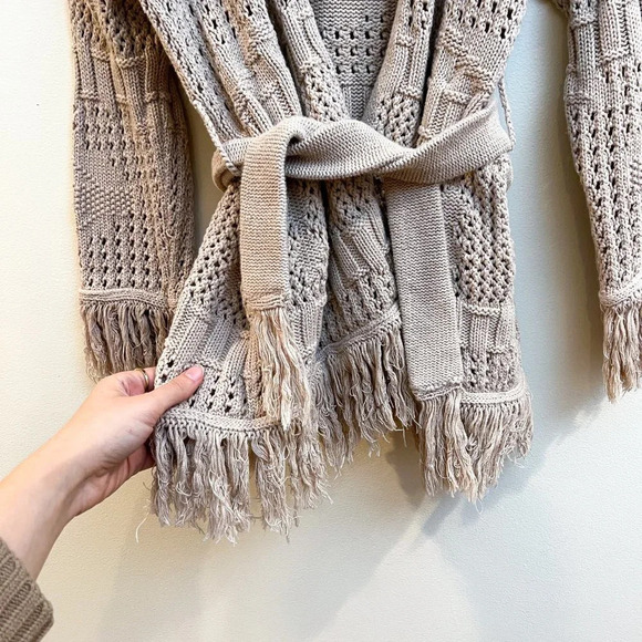 MISA Los Angeles Aztec Fringe Bohemian Tan Tie Waist Knit Cardigan Sweater Small - Picture 4 of 9